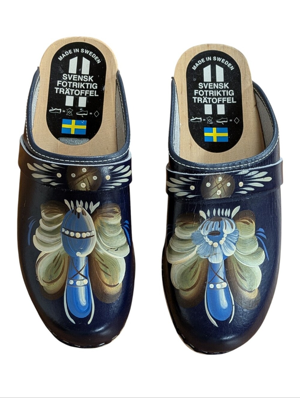 Swedish Wooden Clogs Navy Floral Hand-Painted Leather Size 37